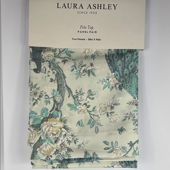 Laura Ashley Peacock Curtains 2 Panels Pole Top Floral Teal Cream 38 x 96 NEW - Picture 1 of 11